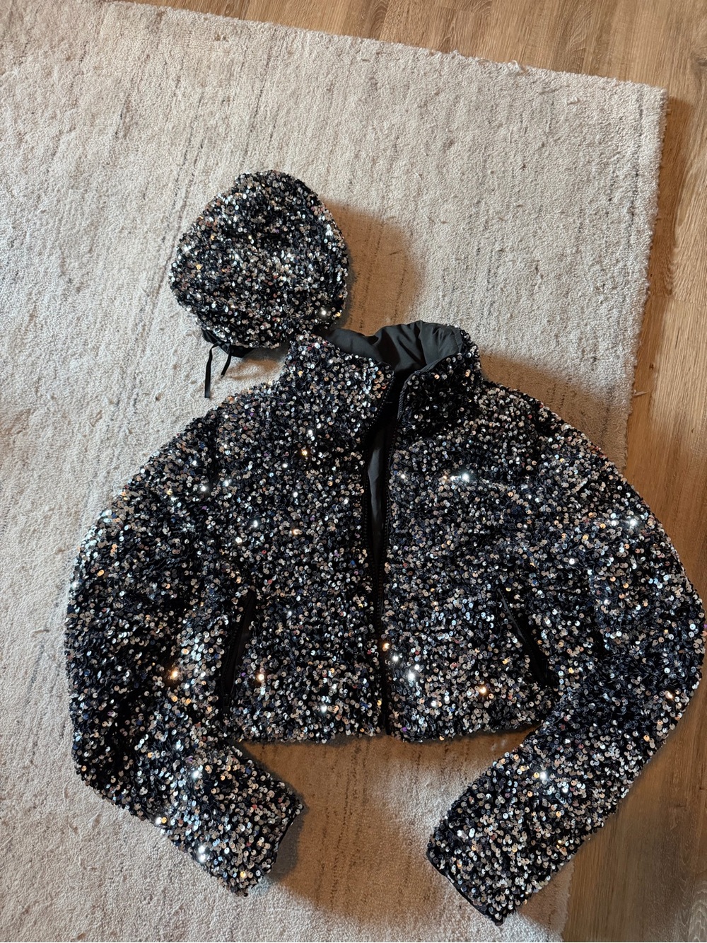 Sparkling Black Sequin Cropped Puffer Jacket with Beret
